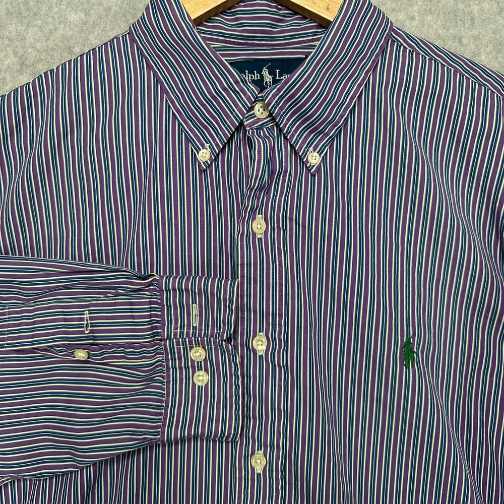 Ralph Lauren Custom Fit Striped Button Down Shirt Mens 17 XL Purple Green Blue